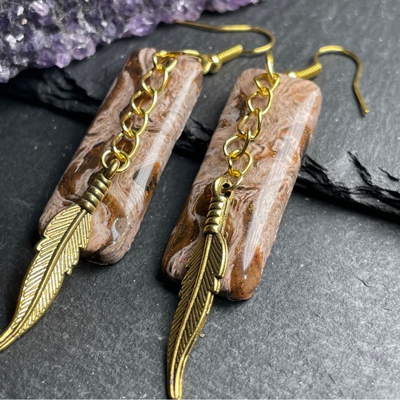 Artisan Jewelry - Elegant Hand Crafted Gold and Brown Feather Dangle Earrings